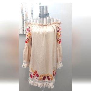 Cold Shoulder Bell Sleeve Dress Embroidered Fringe Cottagecore Boho dress